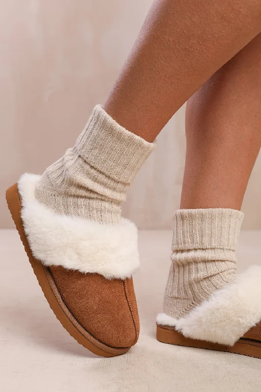 Slippers for rainy rest -LOUNGE SLIP ON SLIPPERS WITH FUR TRIM IN CHESTNUT SUEDE