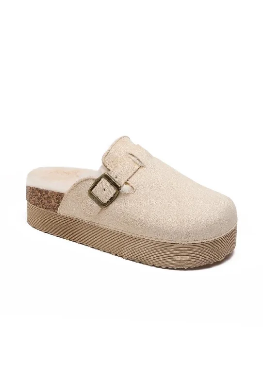 Lightweight slippers for quick -BEIGE CHUNKY FLUFFY INSOLE FLATFORM FAUX SUEDE SLIPPERS WITH BUCKLE