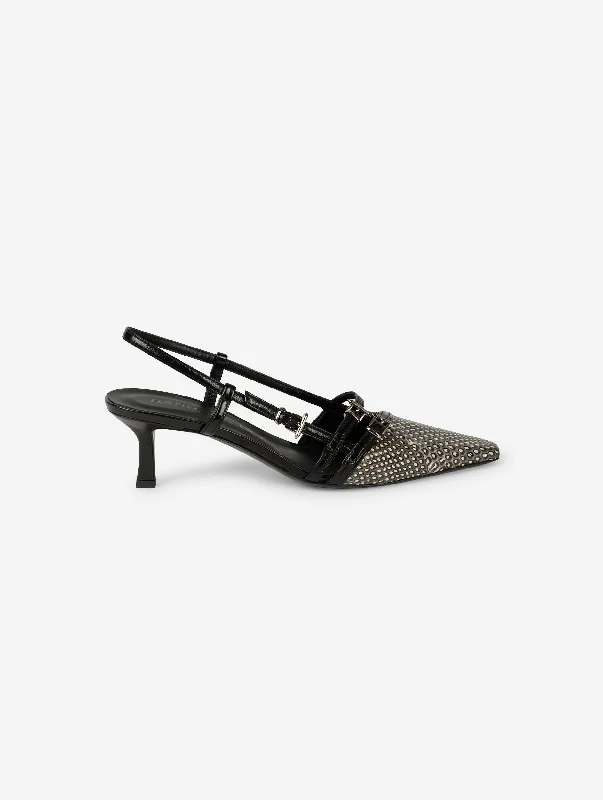 High heels for long evening strolls -Black patent and ivory and black reptile slingback pumps