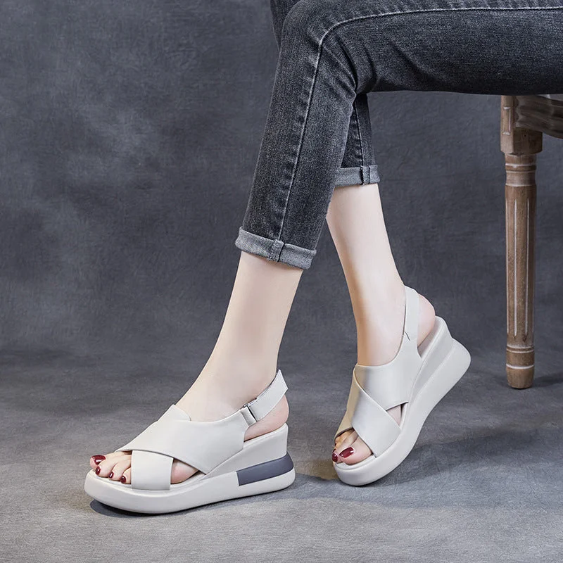 Comfortable sandals for warm trips-Women Summer Leather Casual Wedge Sandals