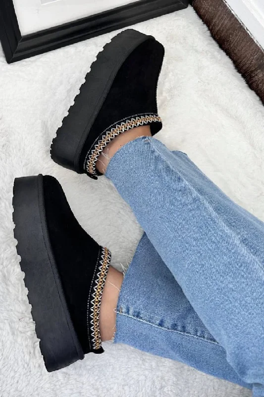 Slip-on slippers for chill -BLACK EMBROIDED FLUFFY PLATFORM SLIPPERS AZTEC DETAIL FAUX FUR LINED ANKLE BOOTS