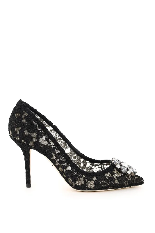 High heels with skid-proof footbed comfort -DOLCE & GABBANA Lace Bellucci Pumps with Jewel Flower Brooch