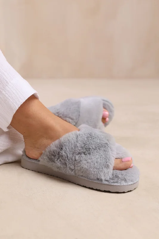 Fuzzy slippers cleaning tips -WEEKEND CROSS OVER FLUFFY SLIPPERS IN GREY