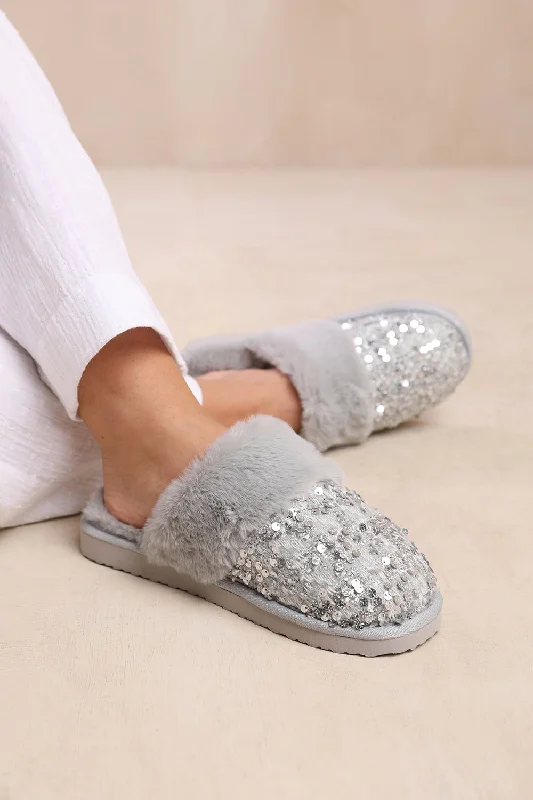 Vegan wool slippers eco-friendly -COZY SLIP ON SEQUIN SLIPPERS WITH FUR TRIM IN GREY