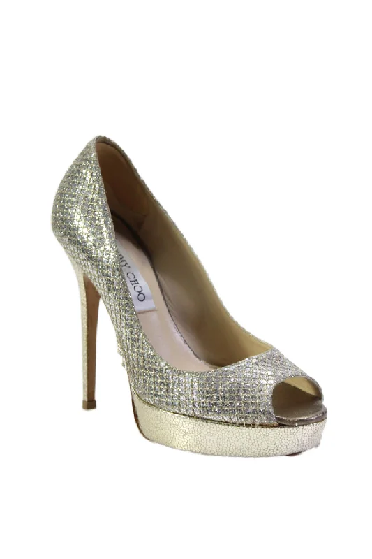 High heels with whisper-light uppers -Jimmy Choo Womens Peep Toe Platform Pumps Silver Metallic Gold