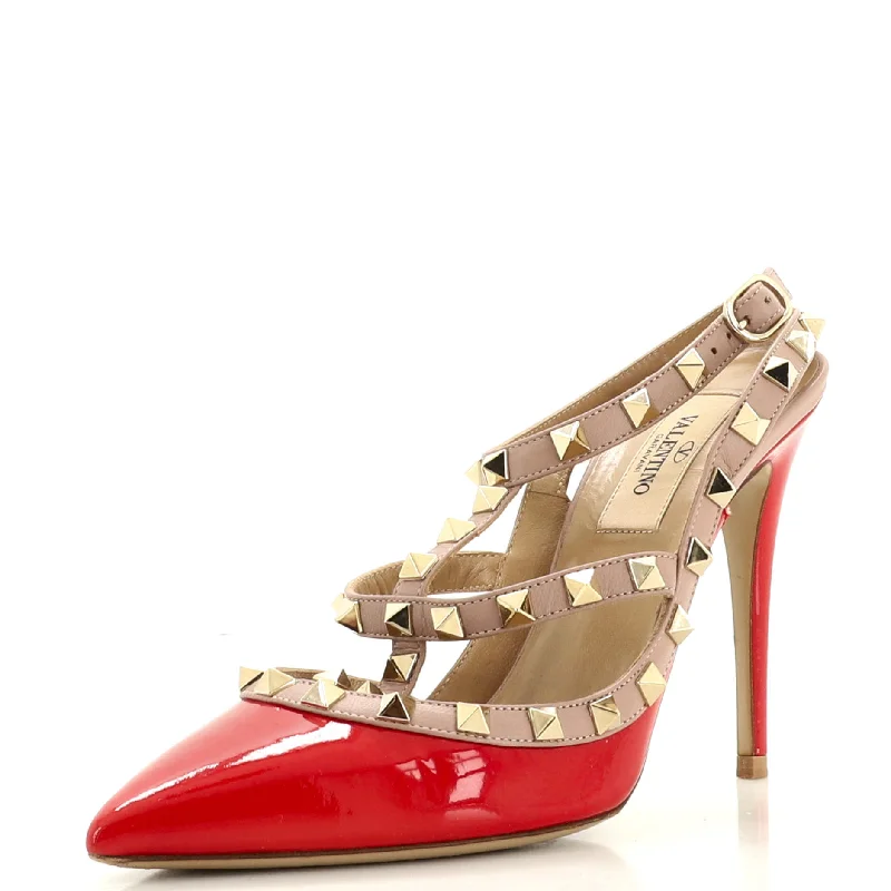 High heels with smooth sleek lines -Women's Rockstud Ankle Strap Pumps Patent 100