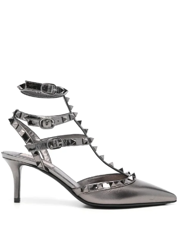 High heels with thick padded soles -VALENTINO GARAVANI Rockstud Laminated Leather Pumps with 70mm Mid Heel