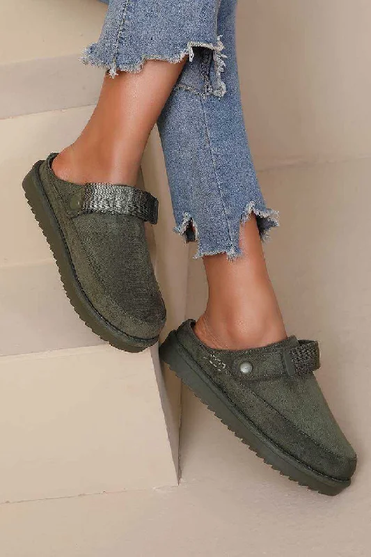 Slippers for flex work -GREEN FAUX SUEDE STRAPPY CLOGS SLIP ON MULES SLIPPERS