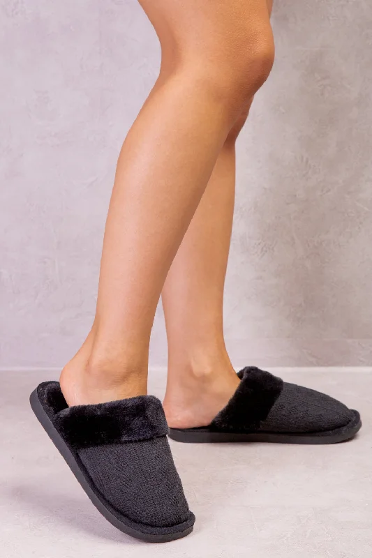 Slippers for casual vibes -JUMANAH SLIP ON KNITTED TEDDY FAUX FUR LINED SLIPPERS IN BLACK WOVEN