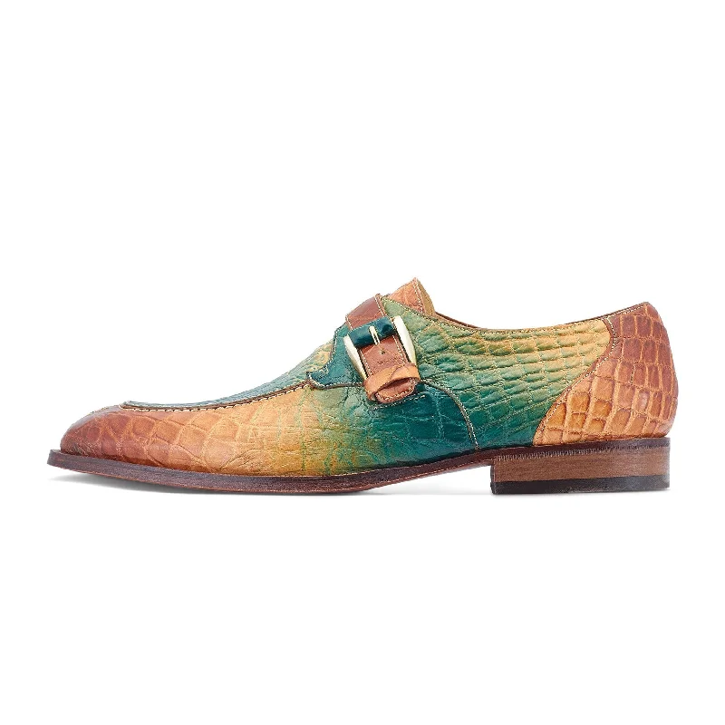 Affordable loafers for summer trips-Mauri Minister 3232 Men's Shoes Multi Green & Brown Exotic Alligator Split-Toe Monk-Strap Loafers (MA5533)