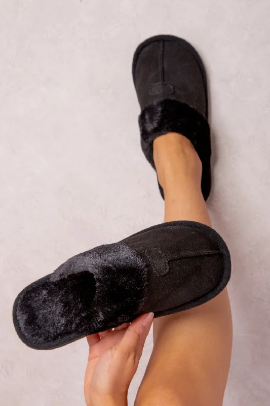 Slippers for cool vibes -FELICITY SLIP ON TEDDY FAUX FUR LINED SLIPPERS IN BLACK SUEDE