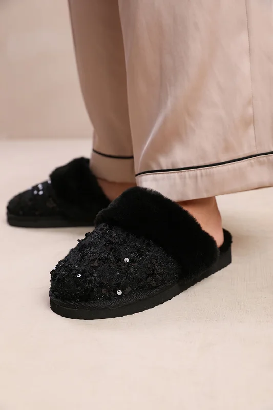 Luxury slippers for relaxation -COZY SLIP ON SEQUIN SLIPPERS WITH FUR TRIM IN BLACK