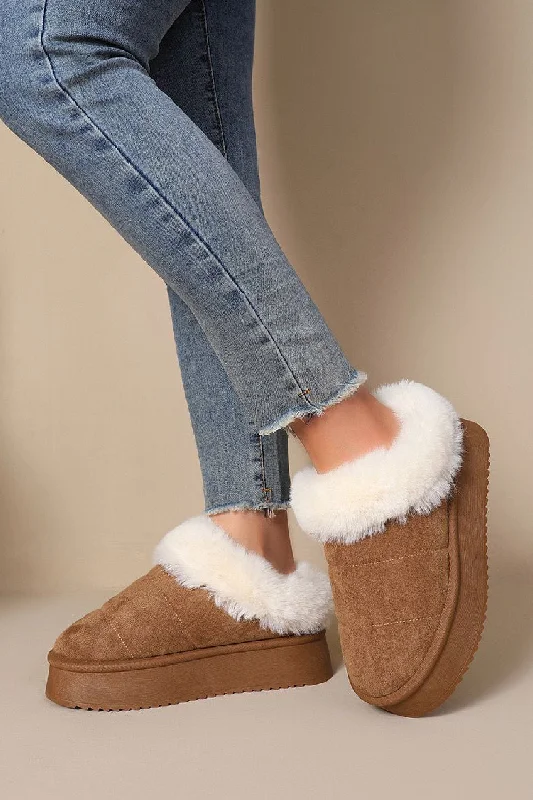 Slippers for mindful living -CAMEL ULTRA MINI PLATFORM FAUX FUR LINED FLUFFY SLIPPERS