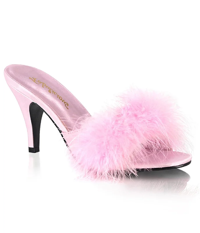 Slippers for morning routines -Pink Satin & Marabou Feather Peep Toe Amour Heel Slipper