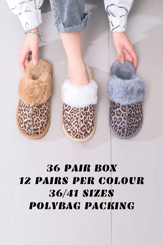 Slippers with airy top -ANIMAL PRINT FAUX FUR LINED FLUFFY CASUAL SLIPPERS (PACK OF 36 PAIRS)