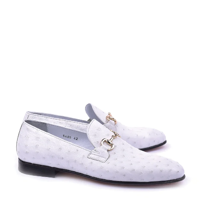 Best loafers for narrow heels-Corrente C02205 5405 Men's Shoes White Ostrich Leather Bit Buckle Loafers (CRT1440)