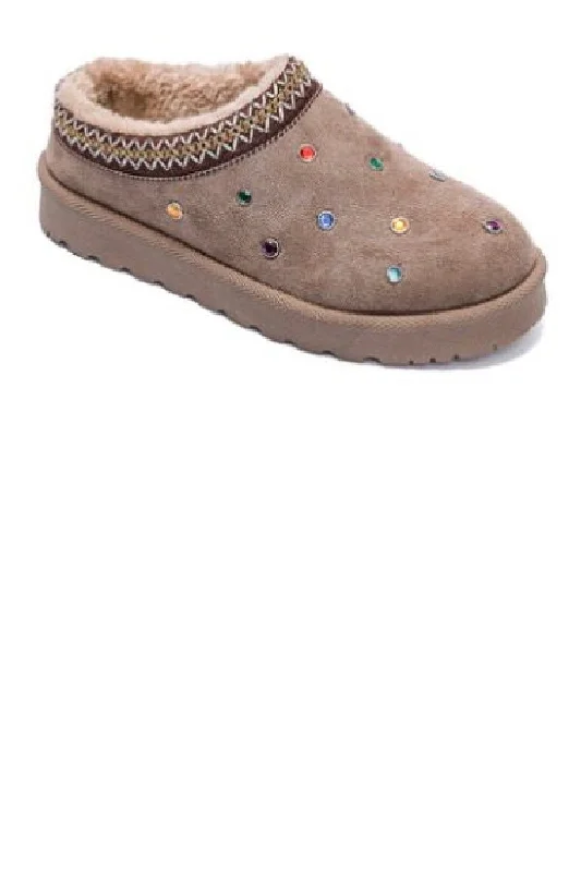 Slippers with plush lining -KHAKI FAUX SUEDE JEWEL & STUD EMBROIDERED CLASSIC COZY SLIPPERS BOOTS