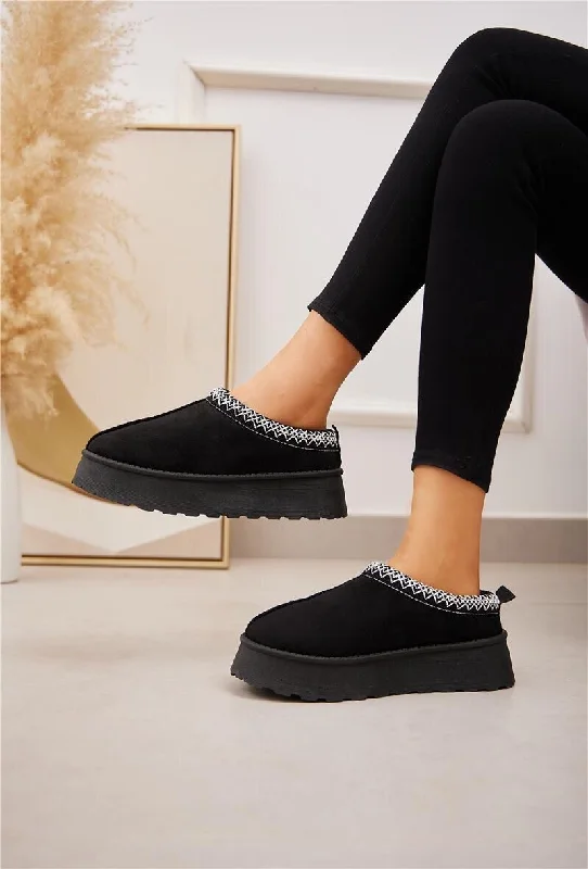 Slippers with retro colors -BLACK EMBROIDED FLUFFY PLATFORM SLIPPERS AZTEC DETAIL FAUX FUR LINED ANKLE BOOTS