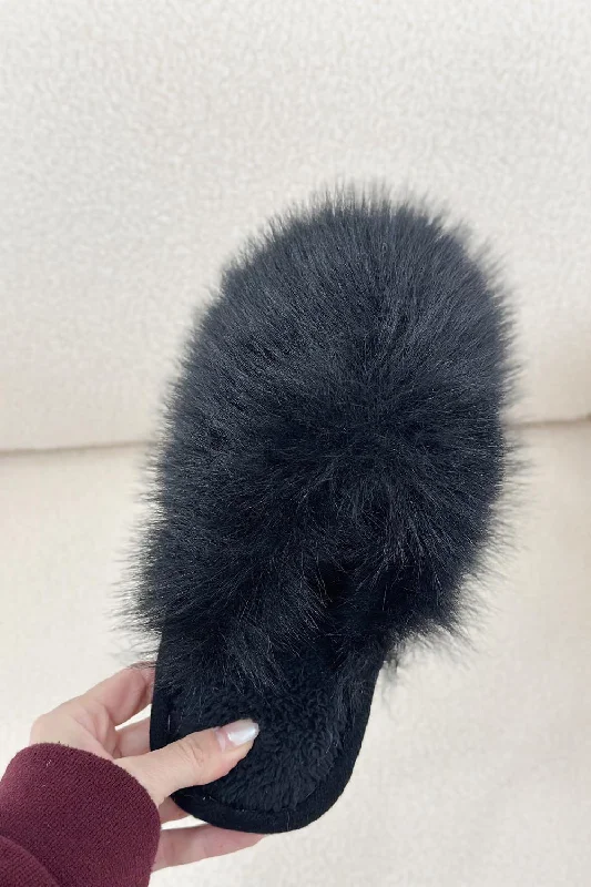 Slippers for home downtime -BLACK FAUX FUR FLUFFY SLIPPERS