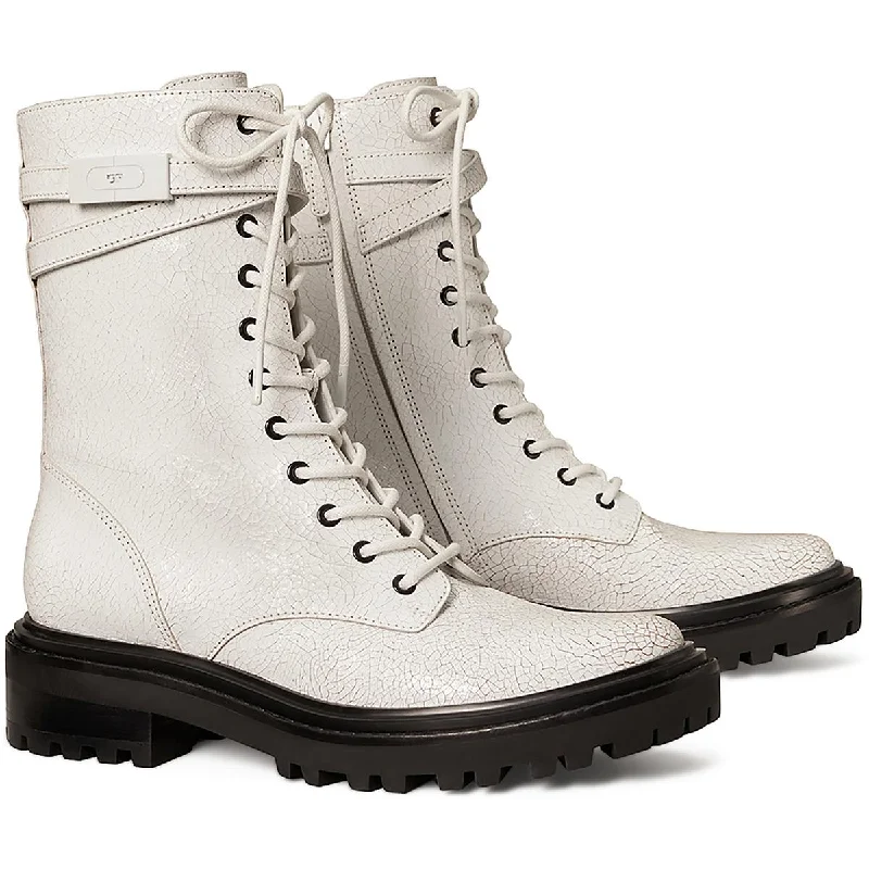 Designer boots for cold weather -Tory Burch Womens T Hardware Patent Leather Crinkle Combat & Lace-Up Boots