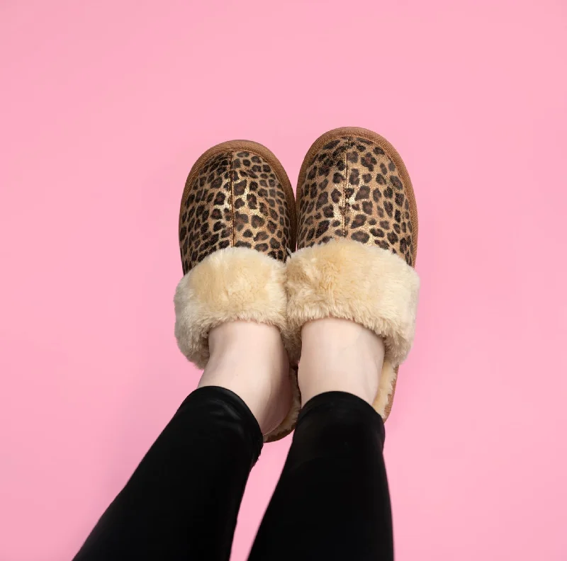 Budget slippers for clearance -Gold Leopard Snooze Fuzzy Slippers