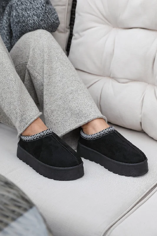 Men’s leather slippers for home -ALLEGRA FLATFORM EMBROIDERED LOW ANKLE SLIPPER BOOTS IN BLACK SUEDE