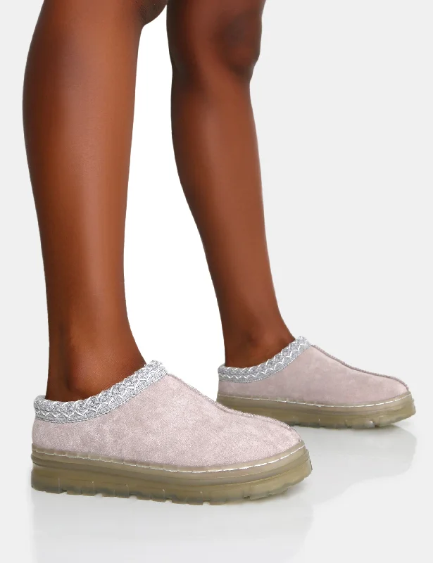 Slippers with memory foam soles -Nala Light Grey Faux Suede Embroidered Slipper Platform Boots