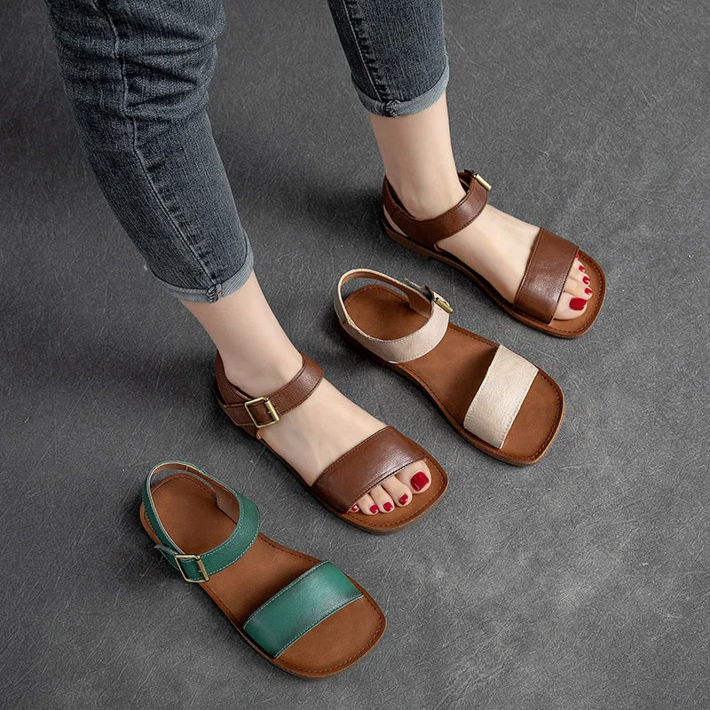 Non-slip sandals for damp trails-Women Summer Retro Casual Leather Buckle Flat Sandals