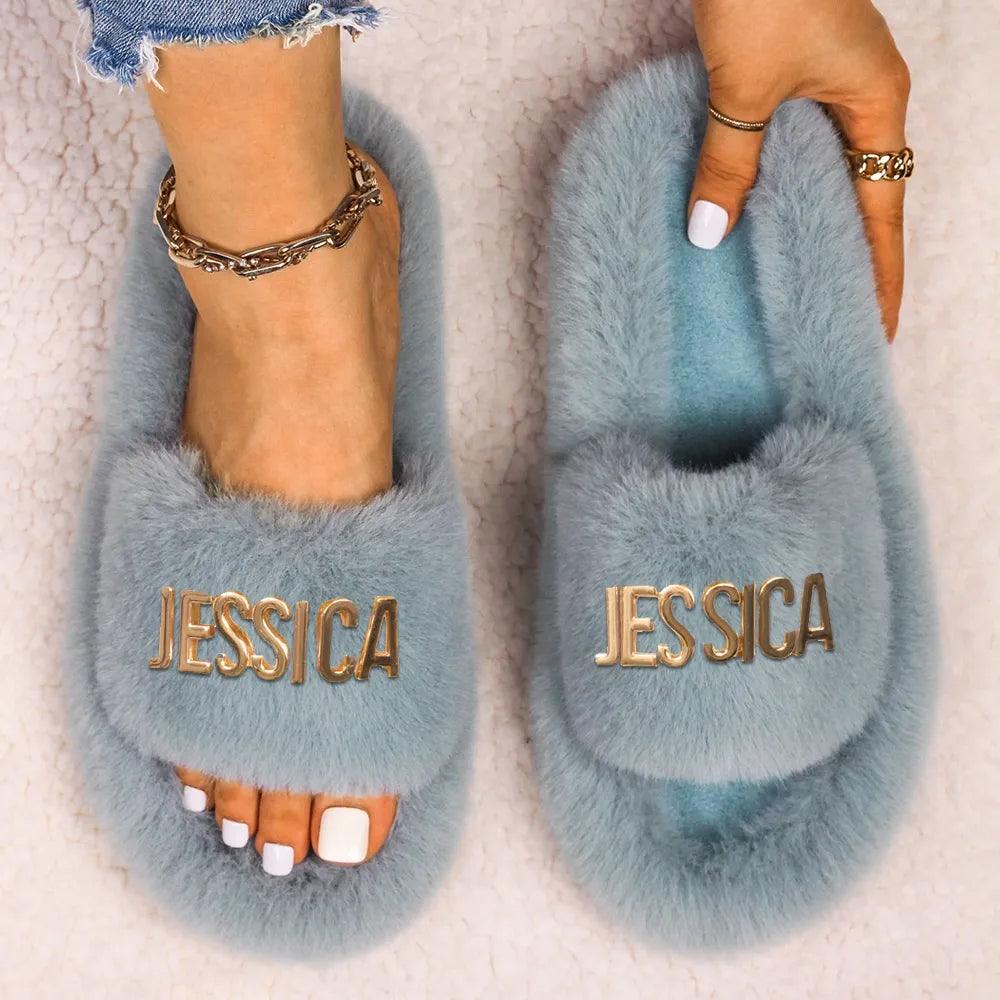 Hand-stitched slippers quality -Women's Faux Fur Slippers - Fluffy, Furry Plush Slides with Personalized Letter Decor, Ideal Gift