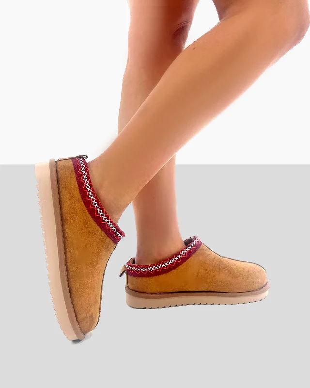 Women’s slippers with fringe -Tamsin Tan Brown Faux Suede Red Embroidered Slipper Boots