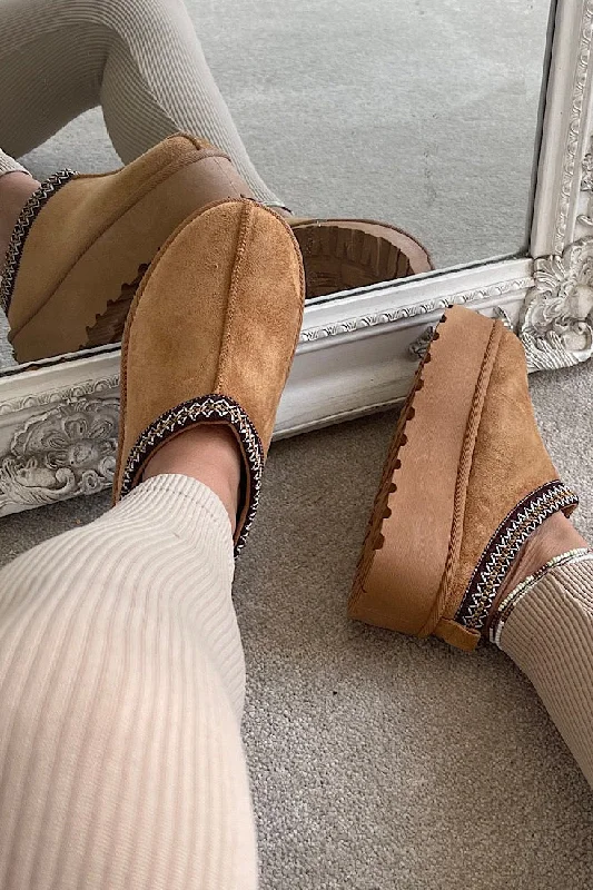 Slippers for indoor play -CHESTNUT EMBROIDED FLUFFY PLATFORM SLIPPERS AZTEC DETAIL FAUX FUR LINED ANKLE BOOTS