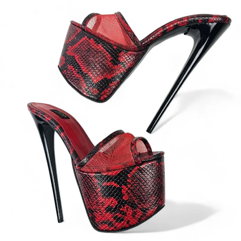 Slippers with breathable fabric -Snake Print Red Black Transparent Leather Slippers