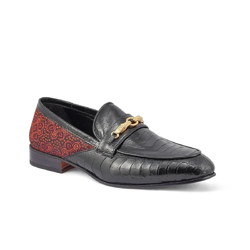 Durable loafers for outdoor walks-Mauri 4946 Monet Men's Shoes Black & Coral Red Exotic Ostrich Leg / Matahari Fabric Horsebit Loafers (MA5398)