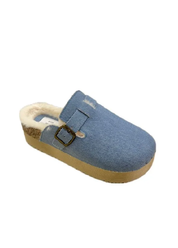 Affordable slippers for grabs -BLUE CHUNKY FLUFFY INSOLE FLATFORM FAUX SUEDE SLIPPERS WITH BUCKLE