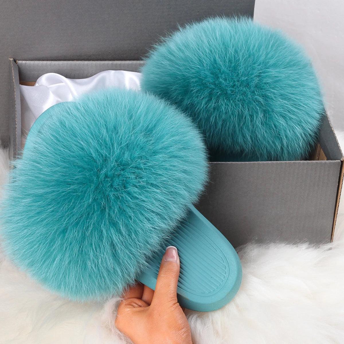 Soft slippers for sensitive feet -Women's Fluffy Fox Fur Slippers - Plush Sandals for Comfort and Style