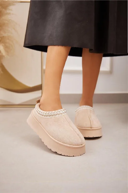 Slippers with thick padding -BEIGE FLUFFY PLATFORM SLIPPERS FAUX FUR LINED ANKLE BOOTS