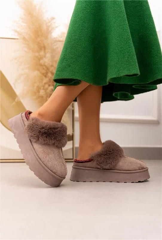 Slippers for brief naps -ULTRA MINI PLATFORM FLUFFY FURR ANKLE SLIPPERS IN TAUPE