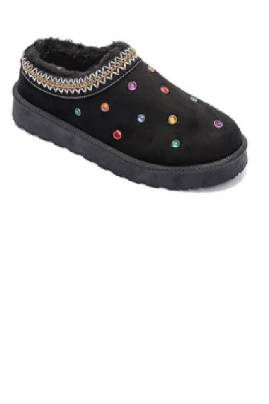 Slippers with rain-ready soles -BLACK FAUX SUEDE JEWEL & STUD EMBROIDERED CLASSIC COZY SLIPPERS BOOTS