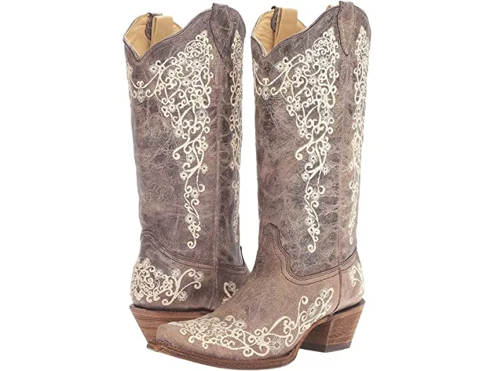 Boots with soft soles -Corral A1094 Brown Crater Bone Embroidery Boot