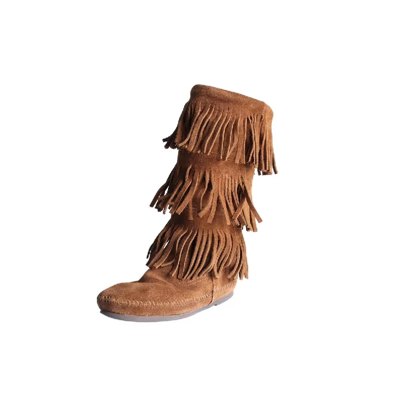 Designer boots for flair -Minnetonka Womens Suede Fringe Mid-Calf Boots