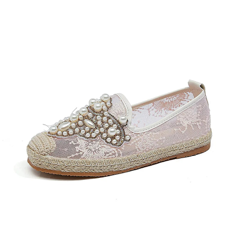 Lightweight loafers for warm strolls-New brand wholesale flat canvas pearl shoes women summer mesh brand famous design ladies luxury loafers' hot sale 2023 jinjiang