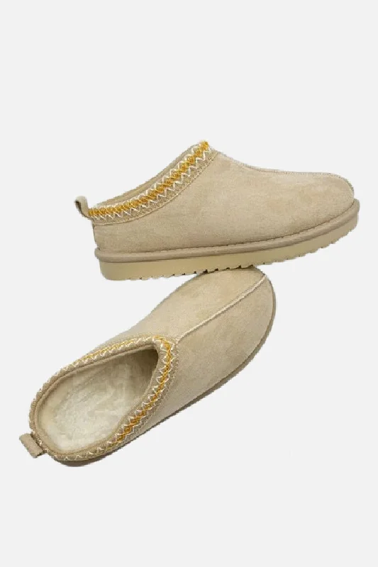 Slippers with subtle stitching -LIGHT BEIGE FAUX SUEDE EMBROIDERED COZY SLIPPER BOOTS