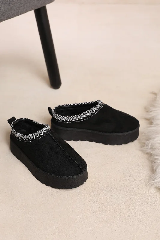 Slippers with cool weave -MANGO KIDS FLATFORM EMBROIDERED LOW ANKLE SLIPPER BOOTS IN BLACK SUEDE