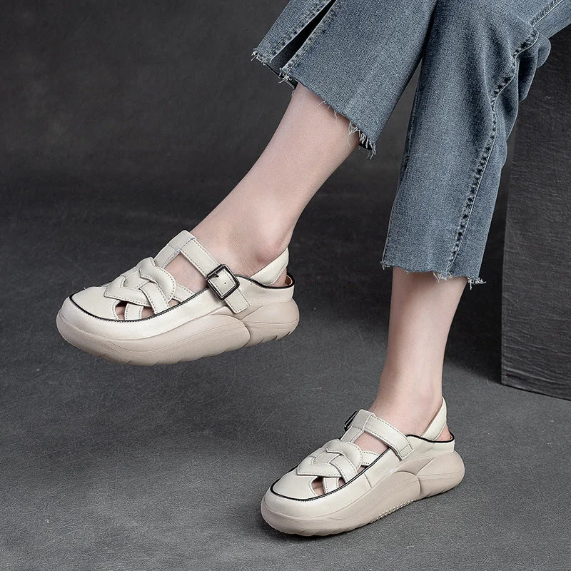 Lightweight sandals for hot strolls-Women Summer Plaited Leather Thick Soled Sandals