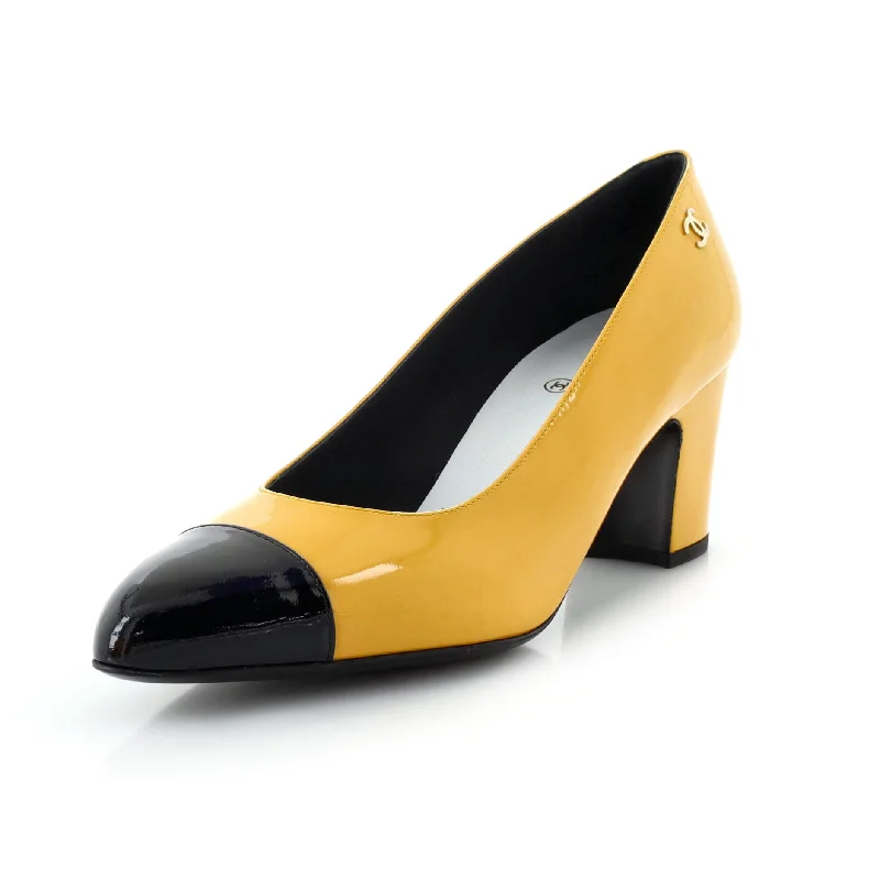 High heels for women with rough heels -Women's Cap Toe Pumps Patent