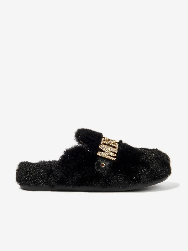 Designer slippers for luxury -Moschino Girls Faux Fur Logo Slippers in Black