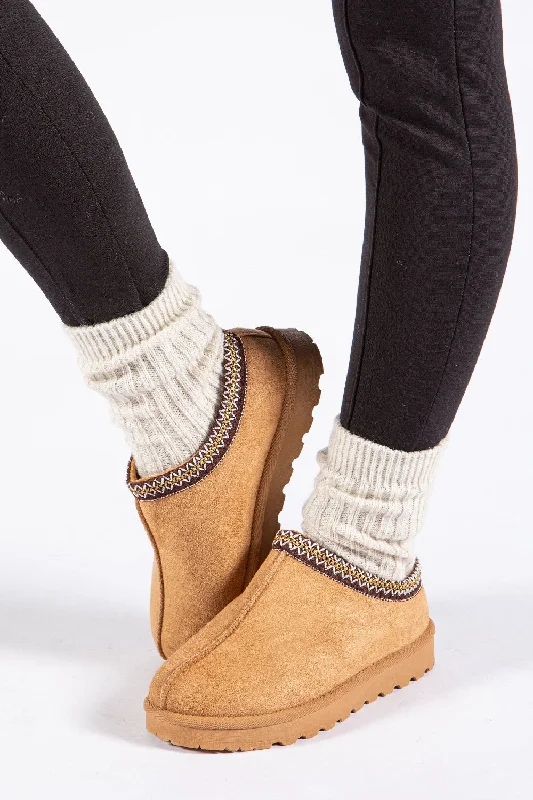 Slippers for quiet naps -CHESTNUT FAUX SUEDE EMBROIDED AZTEC DETAIL  COZY FLUFFY SLIPPERS BOOTS BOOTIES