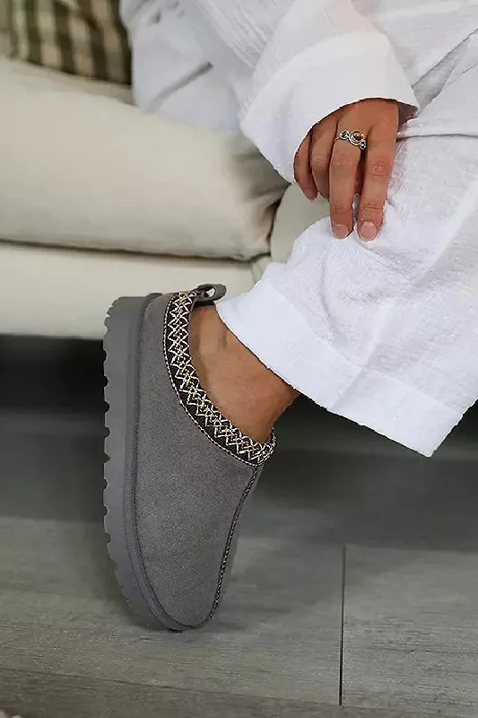 Designer slippers for trendy vibes -GREY FAUX SUEDE EMBROIDERED COZY SLIPPER BOOTS