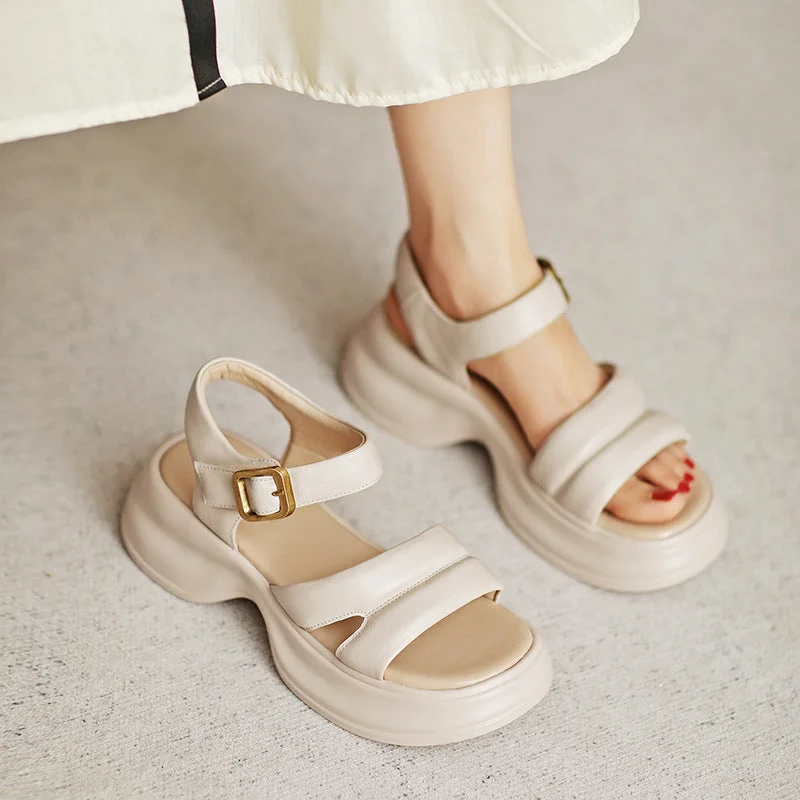 Premium sandals for coastal nights-Women Summer Soft Leather Thick Soled Casual Sandals