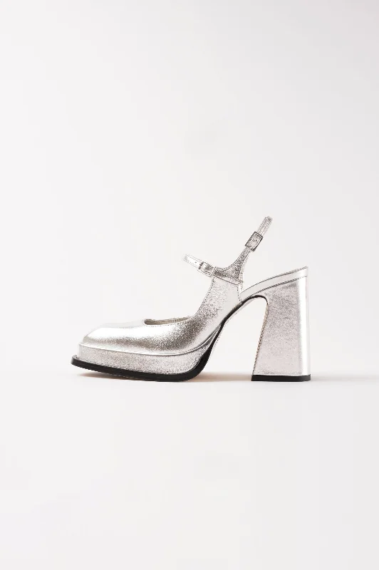 High heels for women with ankle relief -CLAUDIA - Silver Leather Platform Pumps